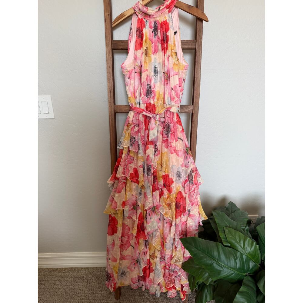 Alex Marie Floral Tiered Maxi Dress Pink Yellow Sleeveless Tie Neck Women’s 6 - Picture 2 of 6